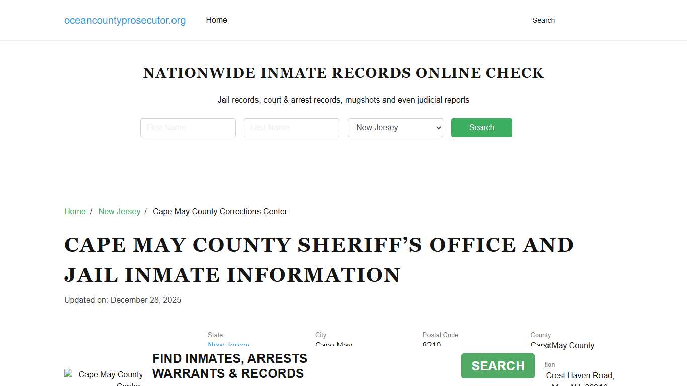 Cape May County Sheriff, New Jersey, Jail Inmate Search