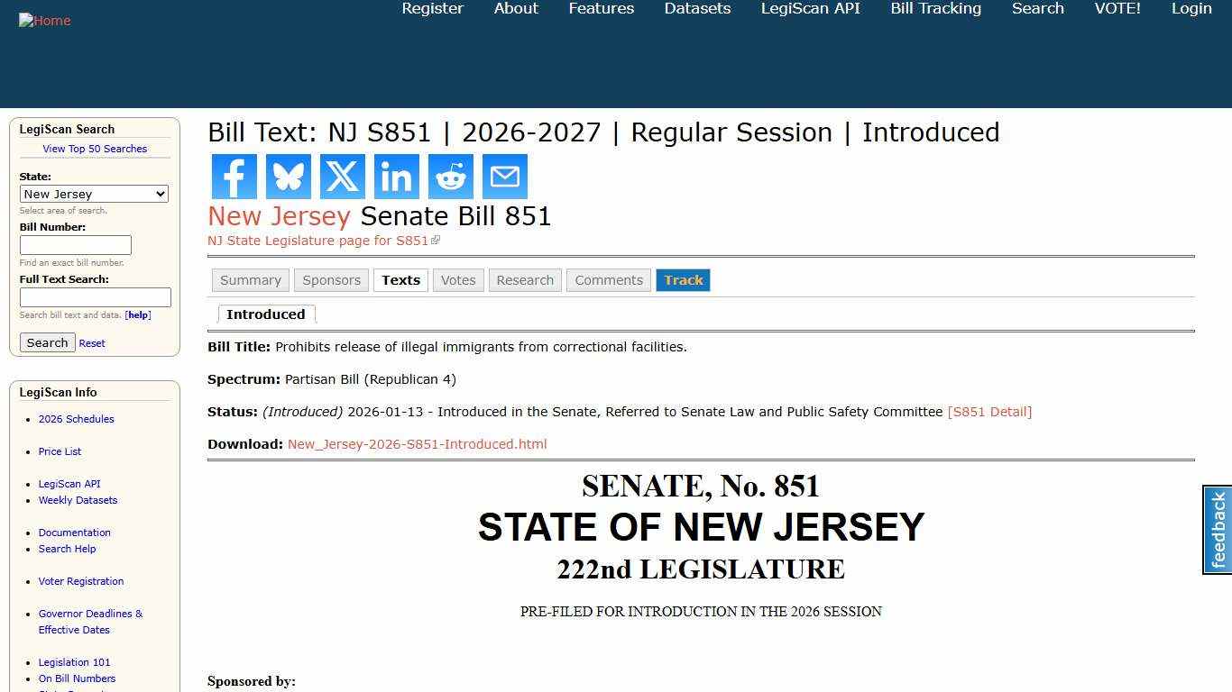Bill Text: NJ S851 2026-2027 Regular Session Introduced LegiScan